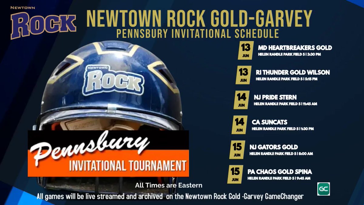 GoldGarvey's tweet photo. We return home  to Helen Randle Park in Newtown, PA this week for the Pennsbury Invitational Tournament. Note: We will be back on Gamechanger for the rest of the summer. Our schedule for the week is ⬇️⬇️ #Rockstrong https://t.co/MvmGLS1zEb