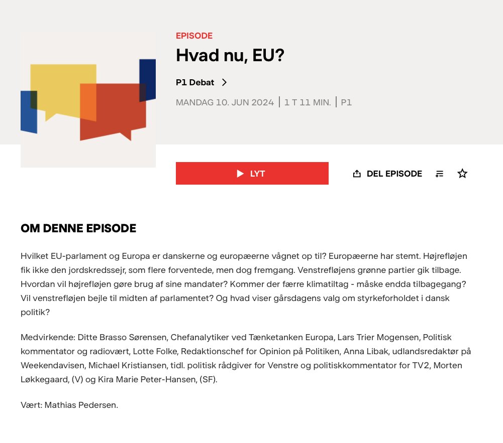 DitteBrasso's tweet photo. EU HVAD NU? 

Lyt med til #P1debat i dag hvor vi kigger på #EP2024 og taler om, hvad valget udfald betyder for magtfordelingen i #EP og hvad særligt det betyder for den 🌱🌱 dagsorden @thinkeuropa @P1Radio #eudk #dkgreen #landbrug https://t.co/aKbsEsJcxp