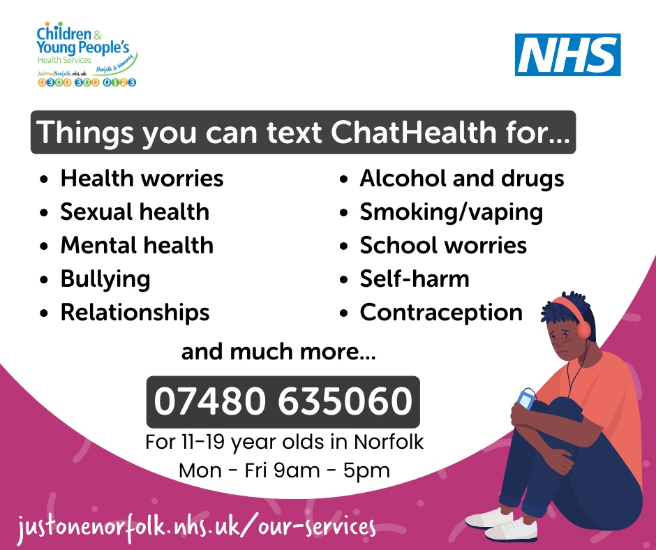 NorfolkCYP's tweet photo. #Chathealth is here to help all young people in Norfolk aged 11-19. Send a text to 07480635060 for confidential support!📱 https://t.co/vua6tkiV3D