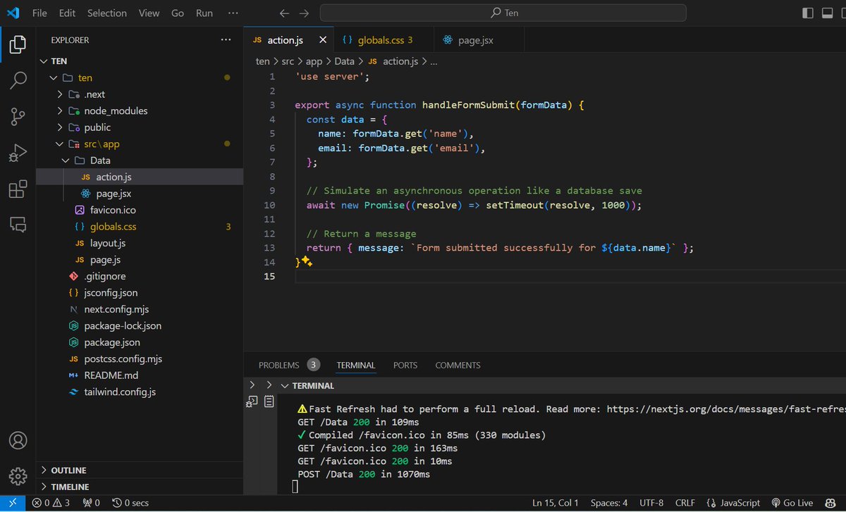 SamratCodes's tweet photo. Exploring Next.js Server Actions for seamless server-side form handling and modern React patterns using "use server". 🚀
code: https://t.co/ROjqg62dhF

 #LSPPDay10 #60DaysOfLearning2024 #learnwithLeapfrog @lftechnology https://t.co/7zCqpre2rT