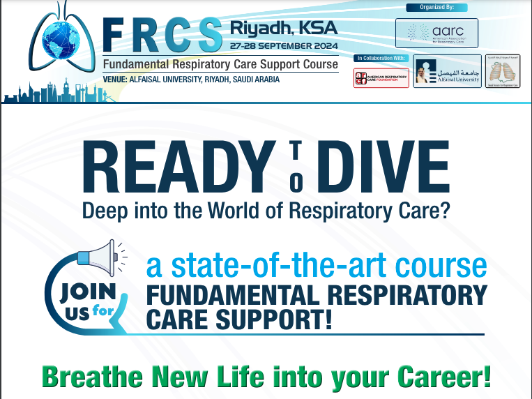 The AARC will organize its Inaugural Fundamental Respiratory Care Support Course in collaboration with the SSRC.
27-28 September 2024.
Venue: Alfaisal University, Riyadh.
To register: frcscourse.com/riyadh2024/ind…
Scientific program: 
frcscourse.com/riyadh2024/dow…