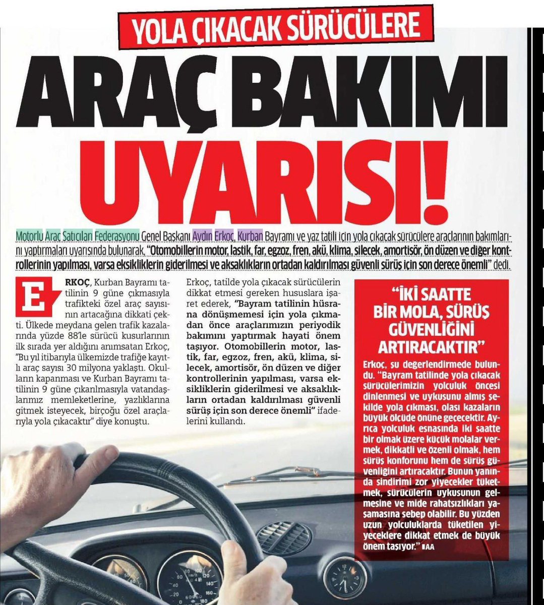 Masfed2010's tweet photo. Genel Başkanımız Aydın Erkoç, bayram tatilinde yola çıkacak sürücülere uyarılarda bulundu. Başkanımızın açıklamaları basında geniş yer aldı.
#MASFED #AydınErkoç #BOD #Otonomi https://t.co/8Vv2AQkd4s