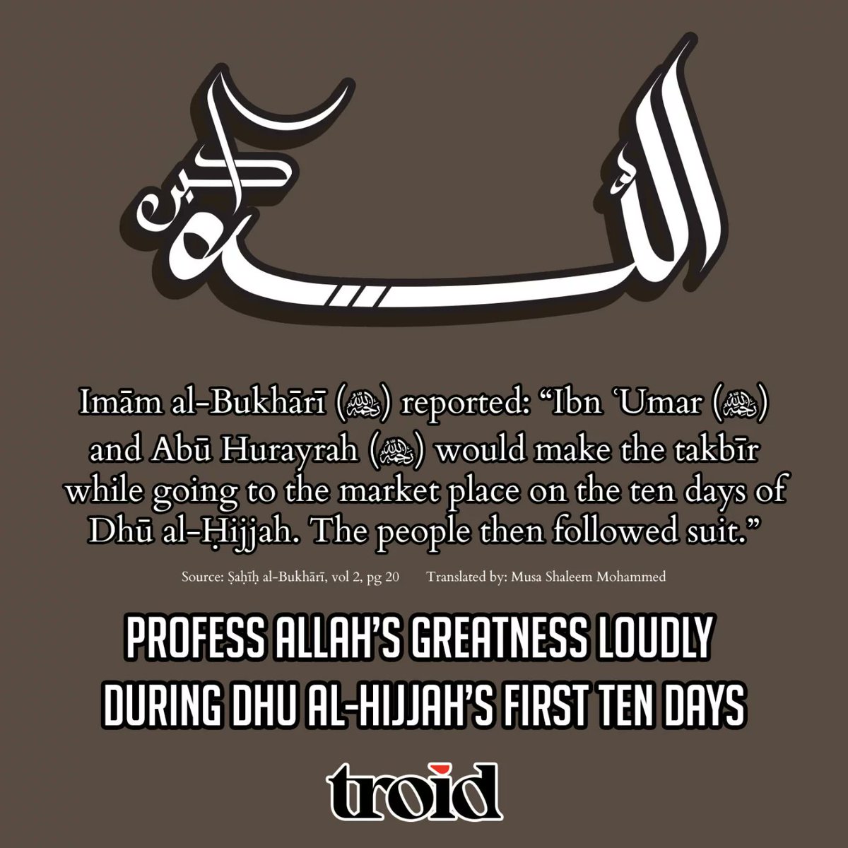 troidorg's tweet photo. Profess Allāh’s Greatness Loudly during Dhū al-Ḥijjah’s First Ten Days https://t.co/1iPEljNSaF