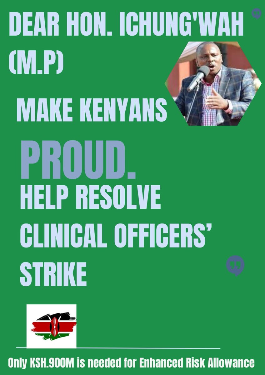 BonfaceMbaka's tweet photo. #ClinicalOfficersStrike
@KIMANIICHUNGWAH Clinical Officers strike enters day 71, causing untold suffering to poor Kenyans. To end the strike it only needs 900 millions annually to implement the Risk Allowance.@WilliamsRuto , @koske_felix, @Nakhumicha_S, @muthonikenya, @MOH_Kenya https://t.co/UyEfMHbd0I