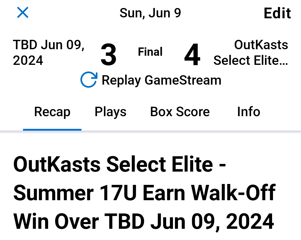 Outkasts2023's tweet photo. Come from behind win to beat The Show 4-3...
@jleydz34 7.2IN, 6H, 1R, 6k
@NikHall08 2-2, HR, 3RBI
@MorganKosmos Triple, Double @jeremygasca25 2-2, Double @PBR_Uncommitted @PrepBaseballIL @PrepBaseballIN @PrepBaseballWI @EliteRecruits_ @teamexposureBB https://t.co/Hxl2OQtymy