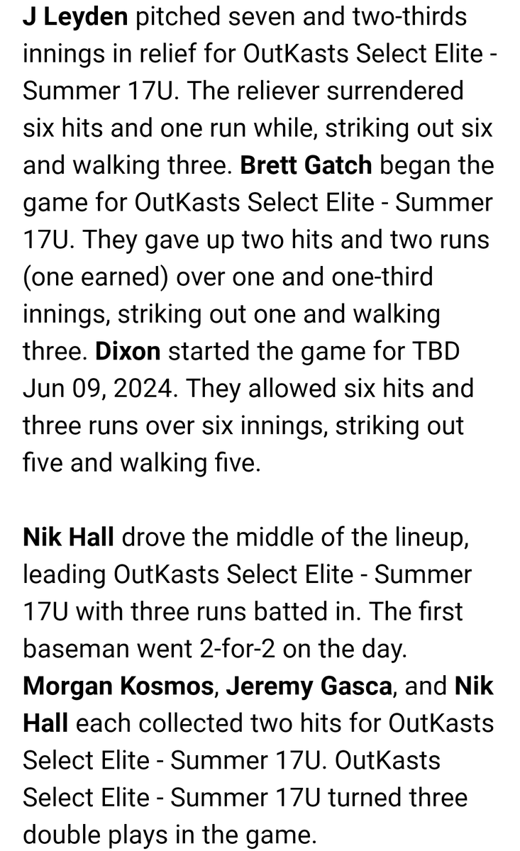 Outkasts2023's tweet photo. Come from behind win to beat The Show 4-3...
@jleydz34 7.2IN, 6H, 1R, 6k
@NikHall08 2-2, HR, 3RBI
@MorganKosmos Triple, Double @jeremygasca25 2-2, Double @PBR_Uncommitted @PrepBaseballIL @PrepBaseballIN @PrepBaseballWI @EliteRecruits_ @teamexposureBB https://t.co/Hxl2OQtymy