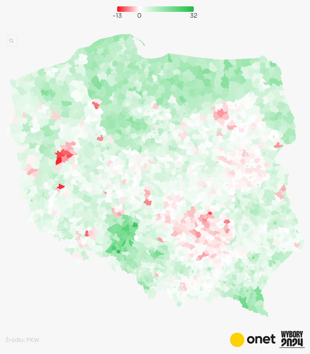 Poparcie 🟠Koalicji Obywatelskiej w gminach oraz zmiana od wyborów parlamentarnych w 2023:
