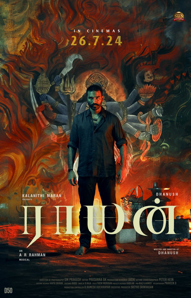 sunpictures's tweet photo. Witness the world of #Raayan from July 26th in cinemas 🔥

@dhanushkraja @arrahman @Music_Santhosh @_ShwetaMohan_ #GanaKadhar @iam_SJSuryah @selvaraghavan @kalidas700 @sundeepkishan @prakashraaj @officialdushara @Aparnabala2 @varusarath5 #Saravanan  @omdop @editor_prasanna @PeterHeinOffl @jacki_art @kavya_sriram @kabilanchelliah @theSreyas #RaayanFromJuly26