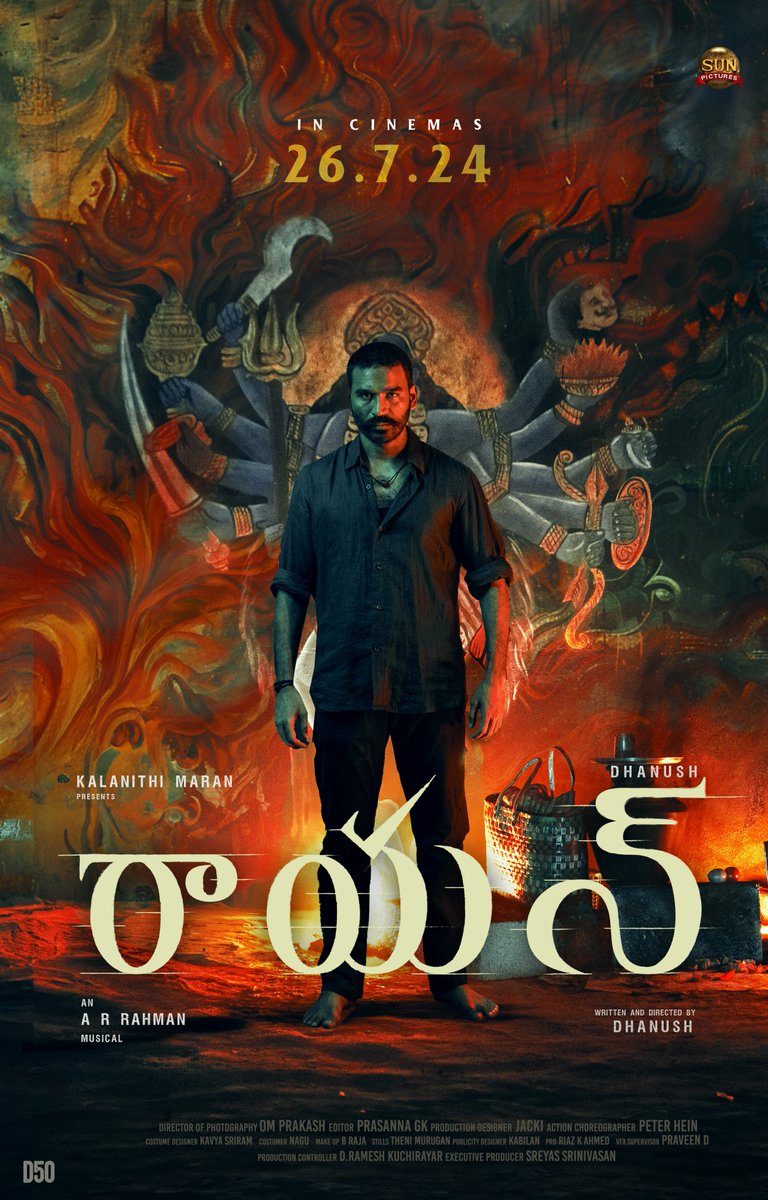 sunpictures's tweet photo. Witness the world of #Raayan from July 26th in cinemas 🔥

@dhanushkraja @arrahman @Music_Santhosh @_ShwetaMohan_ #GanaKadhar @iam_SJSuryah @selvaraghavan @kalidas700 @sundeepkishan @prakashraaj @officialdushara @Aparnabala2 @varusarath5 #Saravanan  @omdop @editor_prasanna @PeterHeinOffl @jacki_art @kavya_sriram @kabilanchelliah @theSreyas #RaayanFromJuly26