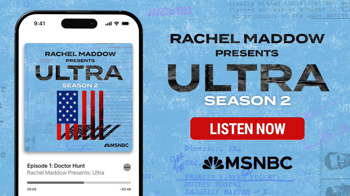 MSNOWComms's tweet photo. LISTEN: @Maddow’s award-winning podcast “Ultra” is back for a second season, revealing the shocking history of the ultra-right’s reach into American politics.

Listen to the first episode here: https://t.co/uC0vdXim7O https://t.co/5aE0hj33g3