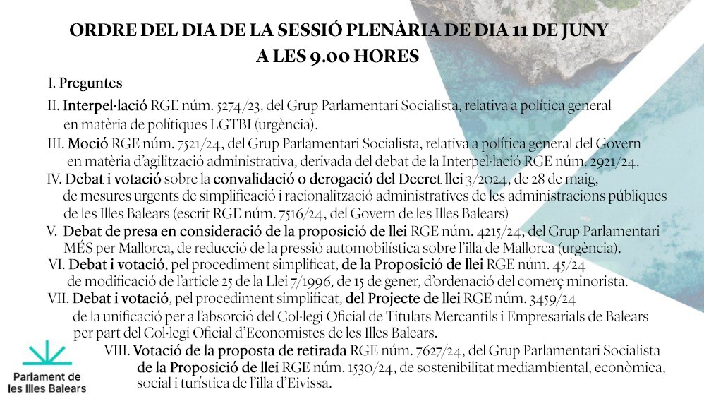 ParlamentIB's tweet photo. Bon dia! A les 9 h comença el 🏛️ #PlePIB amb l’ordre del dia següent👇 https://t.co/efH7WmZLiq