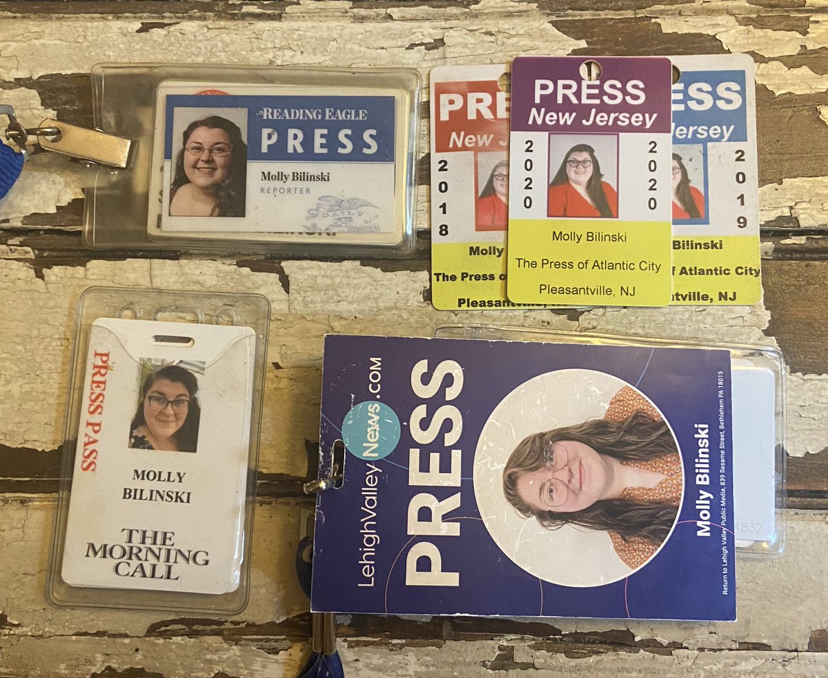 MollyBilinski's tweet photo. 10 YEARS!!!

Today marks a decade since I started writing obits for the @ReadingEagle.

In the years since, I’ve written for @ThePressofAC, @mcall and, currently, @LVNewsdotcom. 

Here’s my collection of press passes. Plus, my EPIC @APStylebook tattoo. 

#SupportLocalJournalism https://t.co/D89sA6ayiw