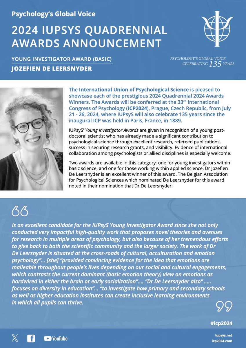 The IUPsyS 2024 Quadrennial Awards Winners will present keynote addresses at the upcoming ICP2024: iupsys.net/2024-iupsys-qu…