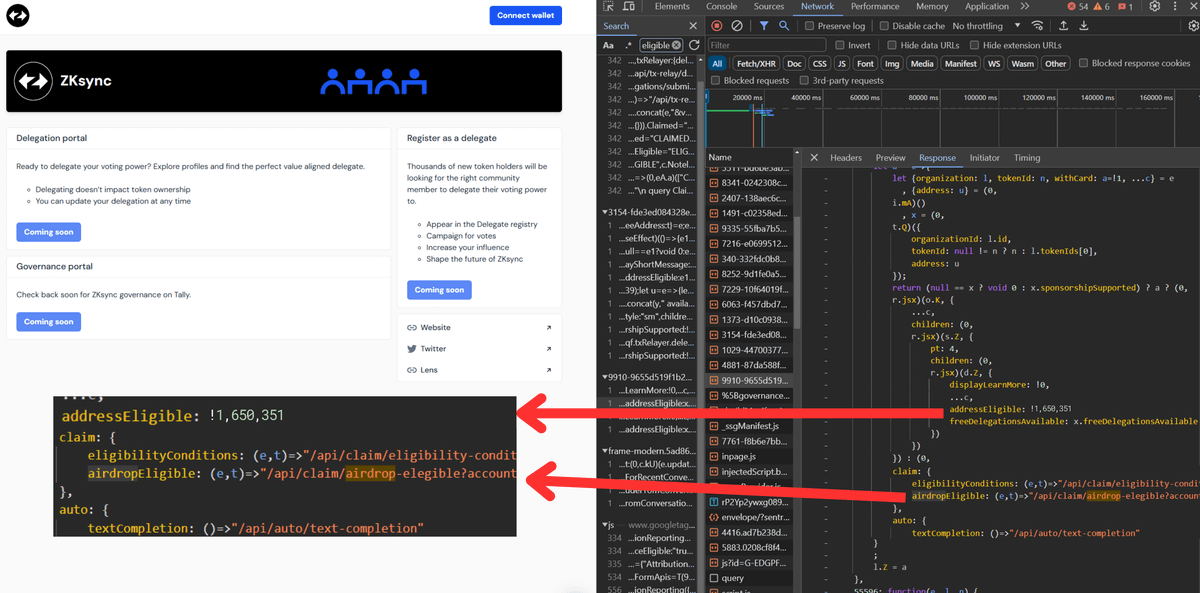 $ZK Eligible Wallets &amp; Checker Leaked 🚨

Again, I found everything in the API of vote.zknation.io/dao.

➾ Eligibility check: vote.zknation.io/api/claim/aird… AND Paste Your wallet address.
➾ Number of Eligible Wallets: 1,650,351

The eligibility check is disabled now.
To find