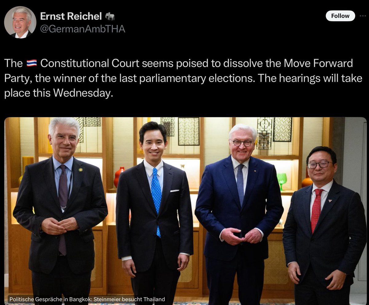 เอกอัคราชทูตเยอรมันที่เคยเข้าพบกับพิธา\ชัยธวัช โพสว่า “ดูเหมือนว่าศาลรัฐธรรมนูญของไทยพร้อมที่จะยุบพรรคก้าวไกลซึ่งเป็นพรรคที่ชนะเลือกตั้งครั้งที้ผ่านมาทิ้งตลอดเวลา”

พฤติกรรมขององค์กรอิสระของไทยช่างเป็นเรื่องน่าอับอายต่อประชาคมโลกจริงๆ เขารู้กันทั่วโลกว่าเกิดอะไรขึ้นในเมืองไทย