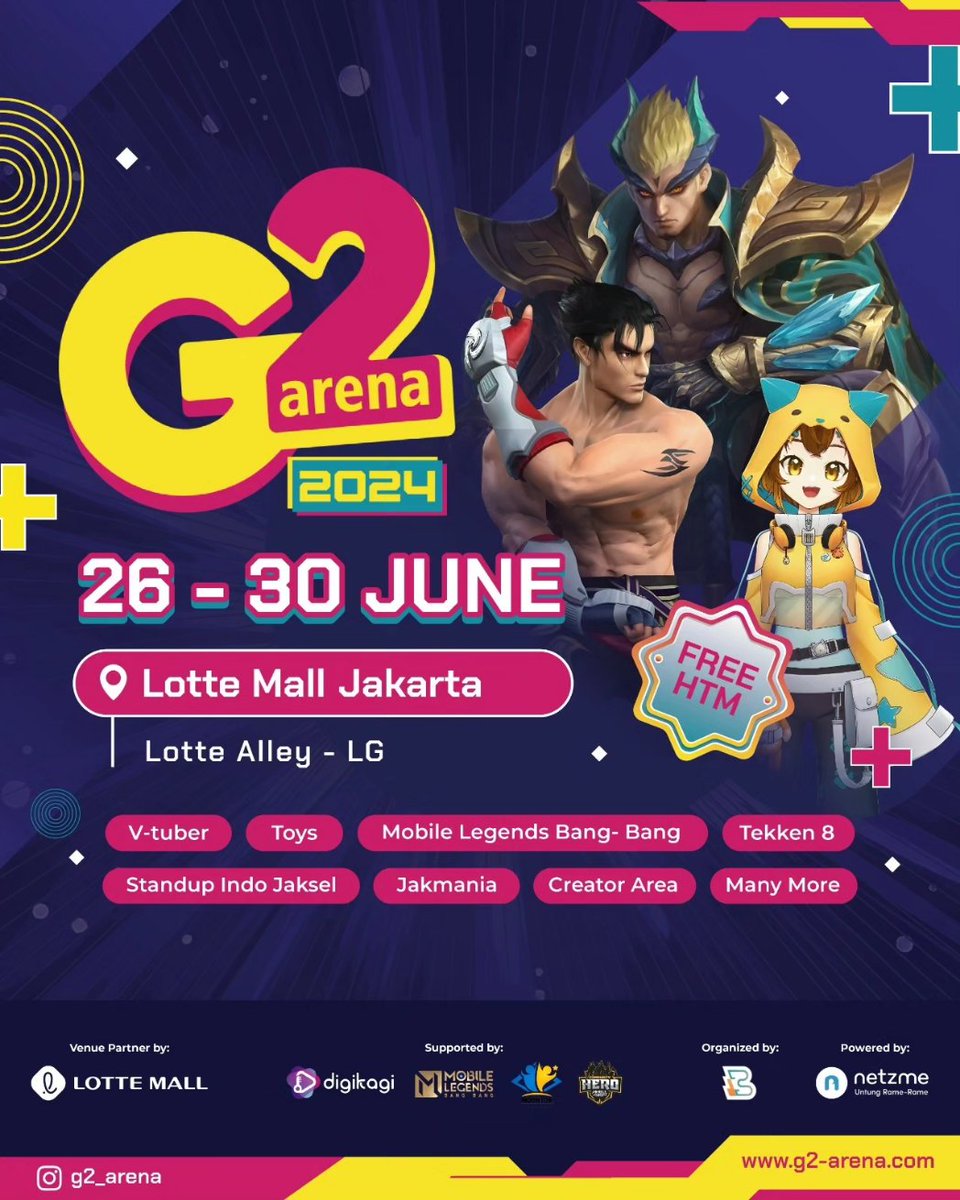 G2_arena's tweet photo. G2 Arena" Inviting, game enthusiast, community, toys lovers and friends. Come &amp; Join the fun at

LOTTE ALLEY - LG
Lotte Mall Kuningan, Jakarta

26-30 June 2024
10.00-22.00 WIB

FREE ENTRY for this event!

Feel the fun, experience the moment, be here with your family &amp; friends https://t.co/pavafj7ptB