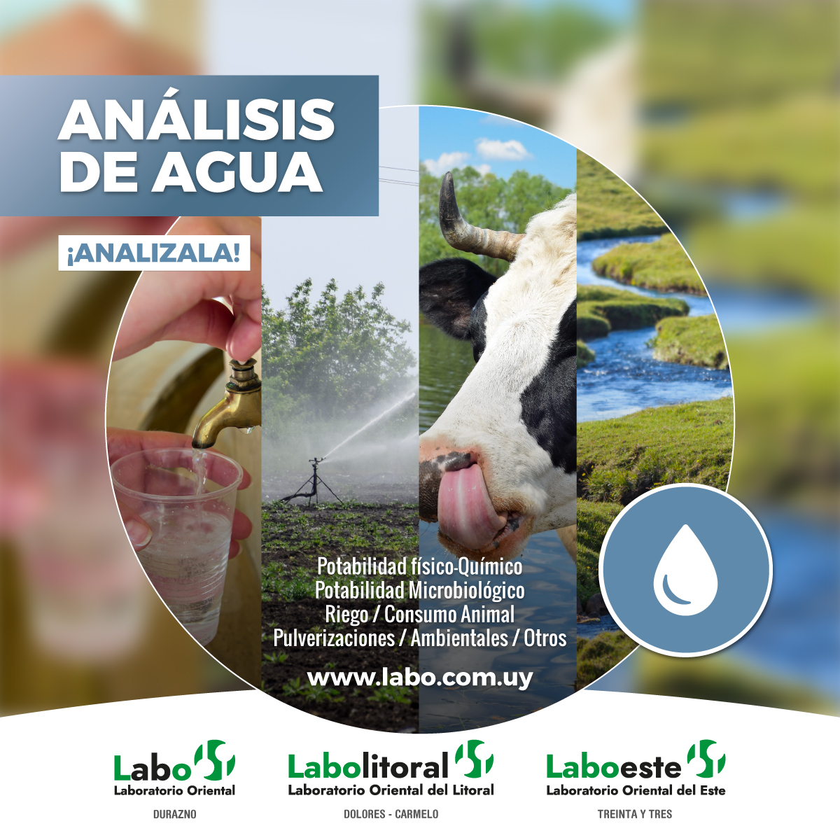 ¿Conocés la calidad de tu agua?
Análisis de Potabilidad para Consumo Humano y Animal, Riego, Pulverizaciones, Ambiental y otros.
Somos Laboratorio Oriental, Calidad en Análisis.

LABORATORIO ORIENTAL
CONSULTAS GENERALES
+598 97 730 755 (llamada o whatsapp)