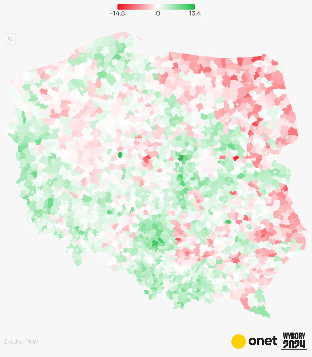 Poparcie 🔵PiS w gminach oraz zmiana od wyborów parlamentarnych w 2023: