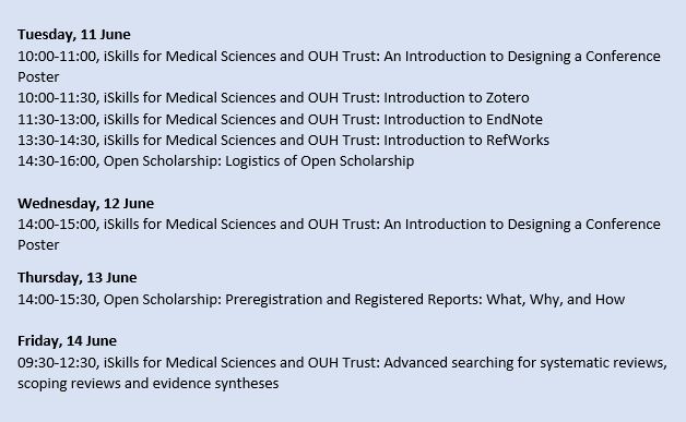 Here is a list of our workshops taking place this week, the 8th week of Trinity term.

Our workshops are free and available to all Oxford students, researchers, academics and other staff.

Further details and the booking links are on our website:  shorturl.at/mzPR8