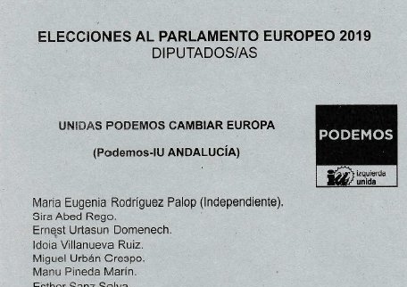 Iratxotravesa's tweet photo. Papeleta de Unidas Podemos para el parlamento europeo 2019.

Ala ahora sigan mintiendo que por mucho que repitan que Podemos ha perdido 4 eurodiputados, la verdad es que de tener uno, ahora pasamos a tener dos.

Palop (Independiente)
Sira Rego (PCE)
Ernest Urtasun (En Comú)
Idoia Villanueva (Podemos)
Miguel Urbán (Anticapitalistas)
Manu Pineda (IU)