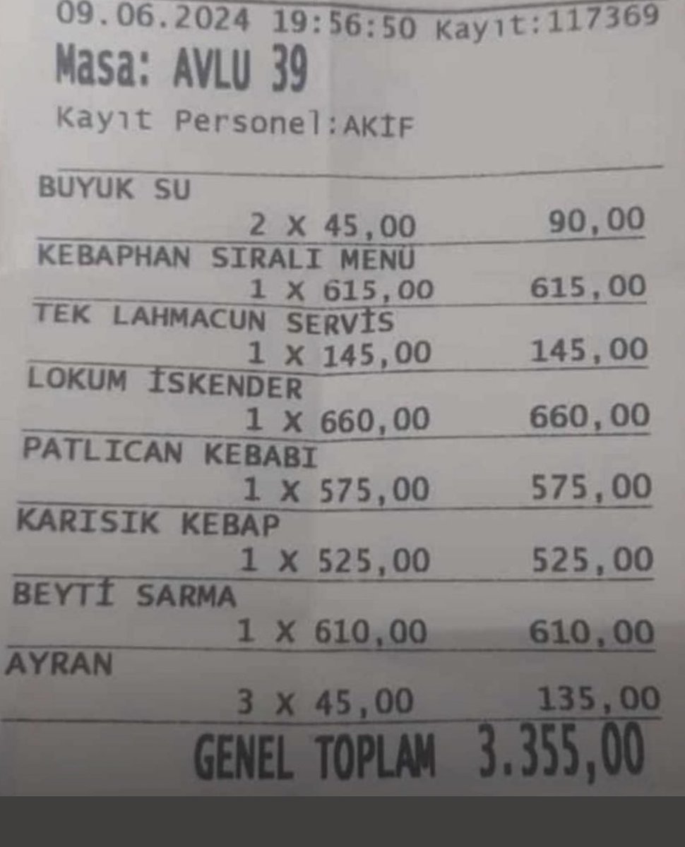 Burası Bodrum, Marmaris veya İstanbul’da Boğaz’a bakan bir restaurant değil; Gaziantep’te bir yer…

Büyük su 45 TL.

Tek lahmacun 145 TL…

Bir patlıcan kebabı 575 TL…