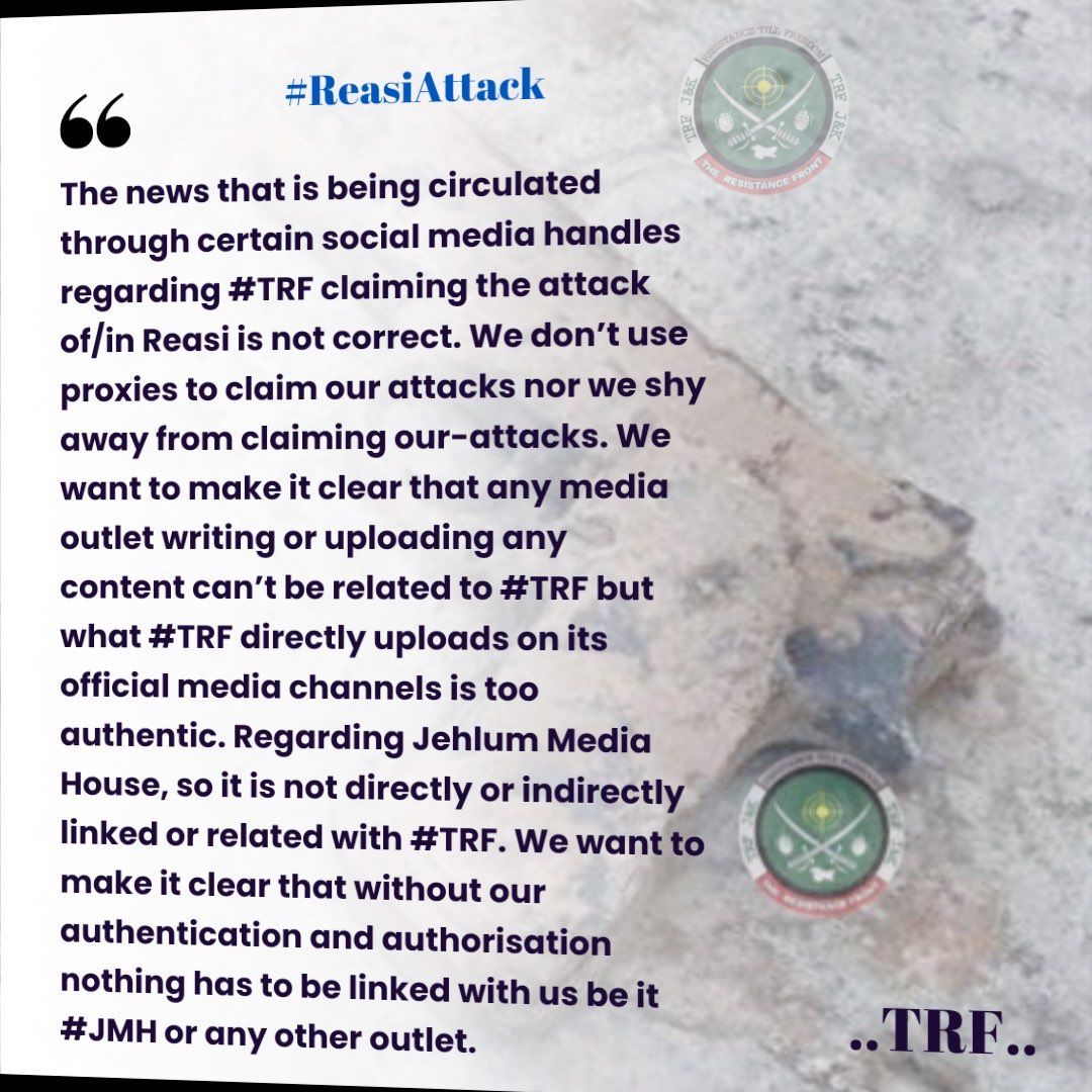 hafizsaadriaz's tweet photo. Fake News!
The Kashmiri resistance faction #TRF has denied all claims that they had anything to do with #RaesiAttack. https://t.co/owsOs6w84B