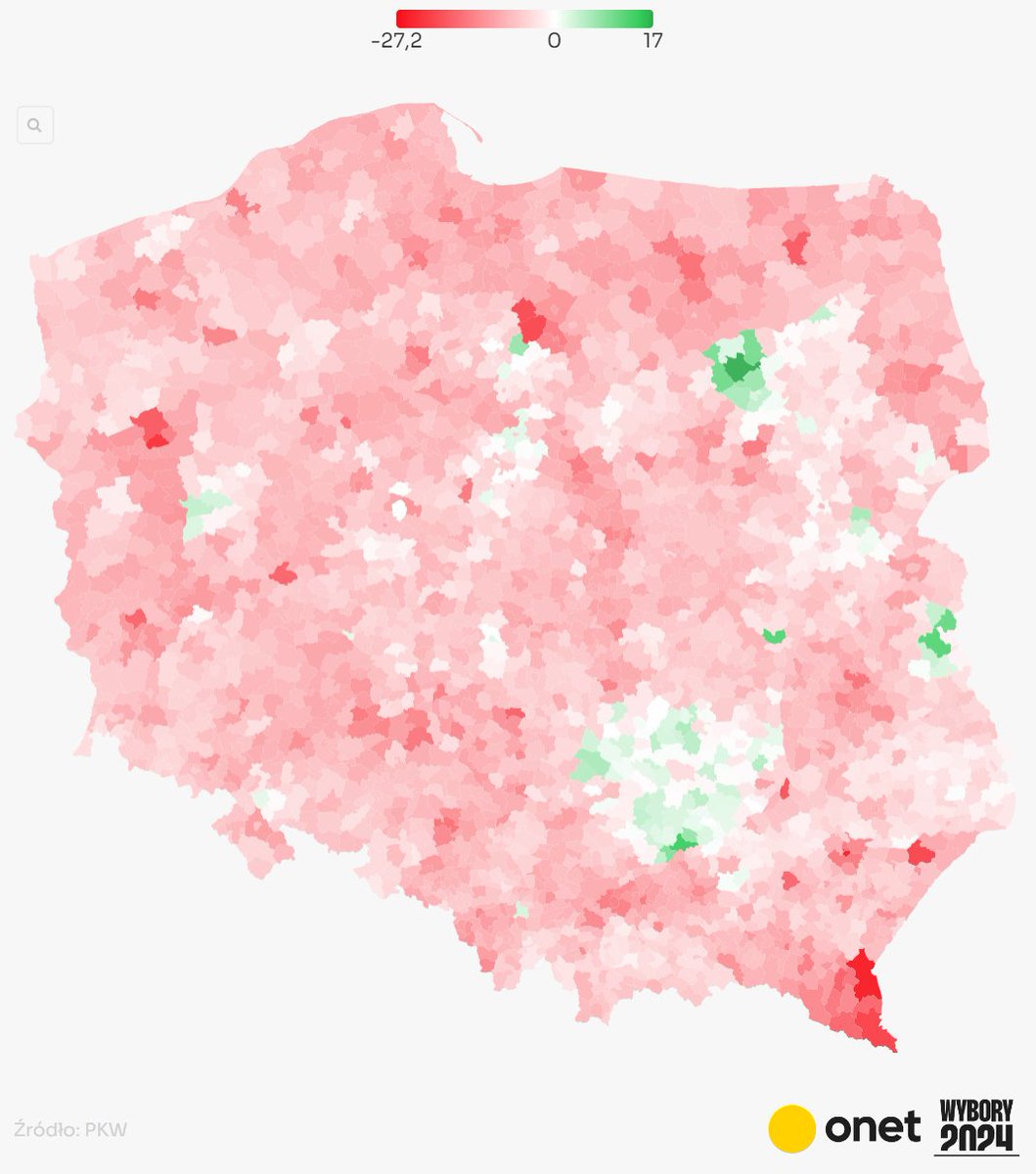 Poparcie🟢Trzeciej Drogi w gminach oraz zmiana od wyborów parlamentarnych w 2023: