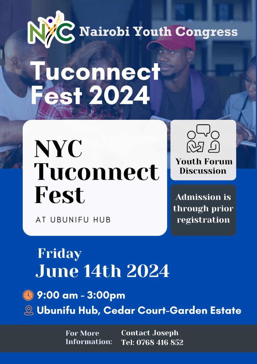 Join us this Friday on 14th June for a Youth Leadership Discourse dubbed "Tucconect" organized by <a href="/Nairobi_YC/">Nairobi Youth Congress</a>

This platform is designed for youth leaders to exchange ideas and develop solutions for pressing issues in our communities. Register ⬇️
forms.gle/pDWtumD4ZiB3bf…
