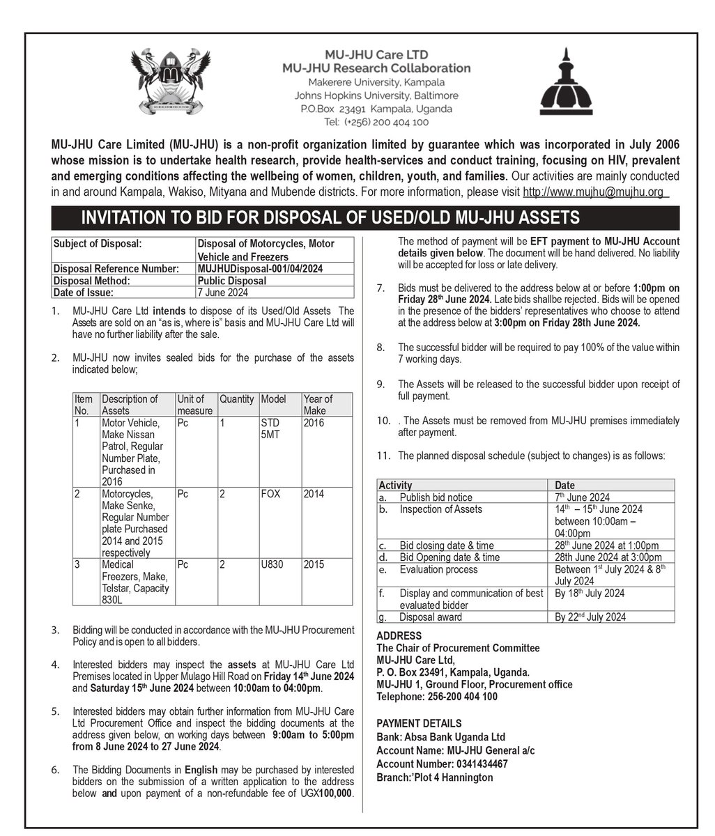 mujhu_care_ltd's tweet photo. ๐ข๐ขInvitation to Bid for Disposal of Used/ Old MU-JHU Assets
https://t.co/UieA1p7wPz
#bids #tenders #disposalofassets #mujhu https://t.co/FYT2Iq6PZC