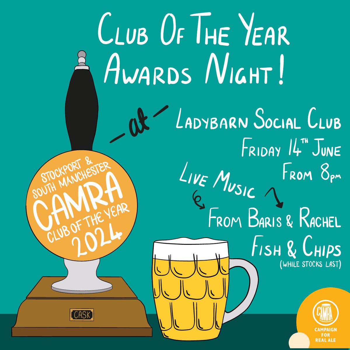 It’s nearly time for our @campaignforrealale <a href="/SSMCAMRA/">Stockport and South Manchester CAMRA</a> Club of The Year Award presentation! Come and join us to celebrate from 8pm with live music from Baris &amp; Rachel and fish &amp; chips in the beer garden! Can’t wait to see your lovely faces there!