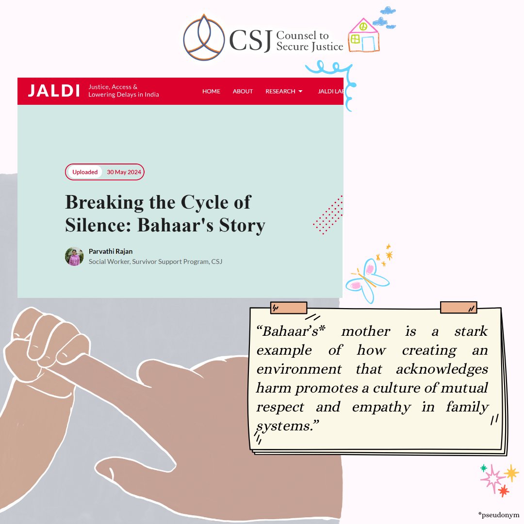 india_csj's tweet photo. CSJ's social worker Parvathi Rajan recounts her first meeting with a #childsurvivor on @vidhi_india 's JALDI blog, read here-  https://t.co/6e1tgVlo7S
#survivorsupport #childrights #childprotection #rehabilitation #socialwork  #delhi #POCSO #familysupport https://t.co/Wdd6QY6LTm