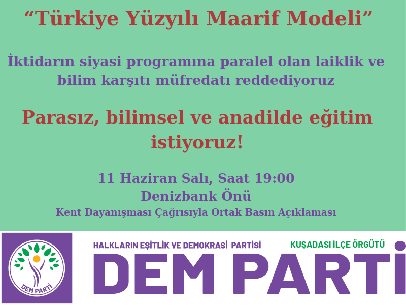 DEMKusadasi's tweet photo. Parasız, bilimsel ve anadilde eğitim talebimizden vazgeçmiyoruz!

#DEMParti #Kuşadası #Aydın https://t.co/5PFfkhpJS3