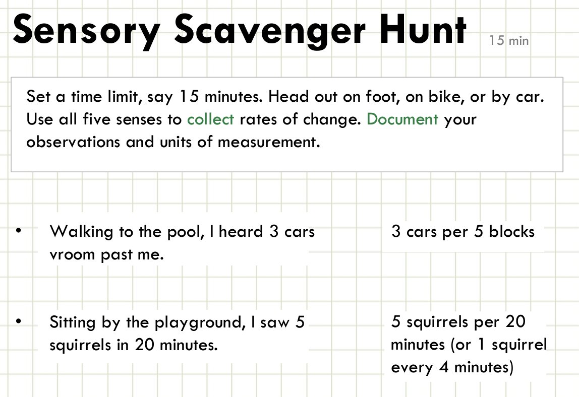 DeconstructCalc's tweet image. Math truly is all around us. Send your students out on a scavenger hunt to discover all of the different places they can find rates of change. I bet they never thought of some things in that way! #deconstructcalc #calcmindset #changetheequation