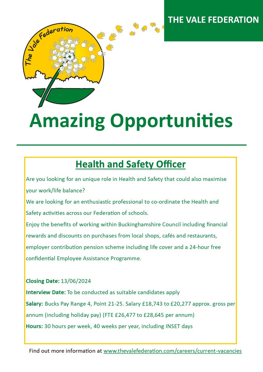 We have an exciting opportunity to join us here at The Vale Federation as a Health and Safety Officer. Don't delay, apply today! #HealthandSafetyOfficer #recruitingnow #JobsinBucks #JobsinSchools #TheValeFederation #AylesburyJobs <a href="/bucks_careers/">Buckinghamshire Council Careers</a> <a href="/JCPThamesValley/">JCP in Berkshire, Buckinghamshire and Oxfordshire</a> <a href="/BucksSkillsHub/">Buckinghamshire Skills Hub</a>