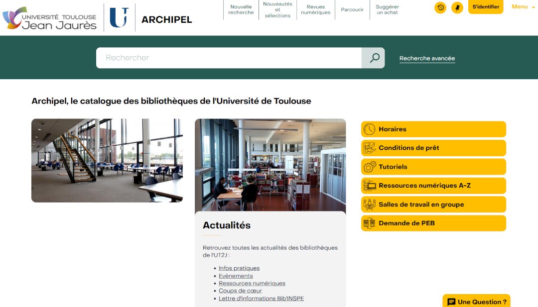 [Archipel fait peau neuve] Toutes les interfaces Archipel des bibliothèques universitaires toulousaines changent de look avant l'été !
 
Seul le design du catalogue est modifié, les fonctionnalités de recherche restent les mêmes.
Plus d'infosℹ️is.gd/KMIlNM