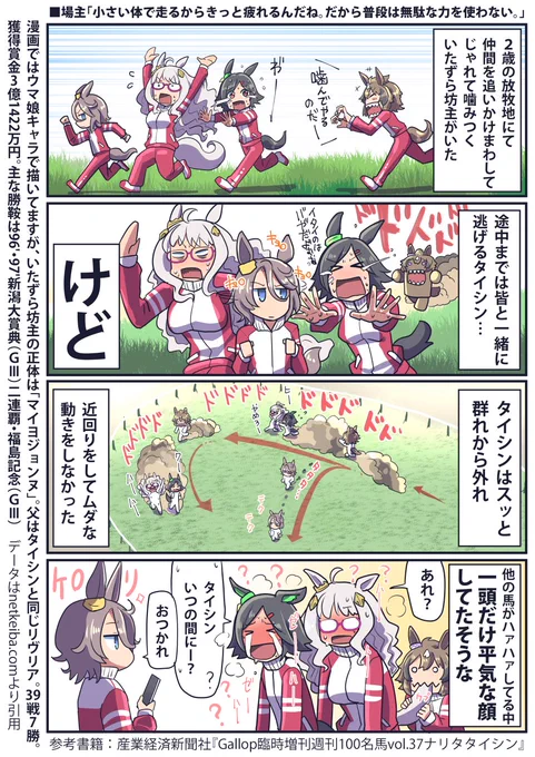 誕生日記念にナリタタイシンの性格エピ再掲

タイシンより2か月早く生まれたマイヨジョンヌ
牧場では兄貴分として威張ってたらしいです。
(『馬劇場1993.9』参考) 