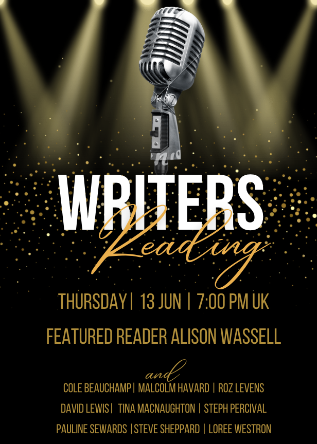 Look at this super line-up of writing talent reading their work. Thur 13th at 7pm UK. Inc <a href="/RozLevens/">Roz Levens</a> <a href="/nomad_sw18/">cole beauchamp 🏳️‍🌈</a> @SteveSheppard2 <a href="/MalHavardWriter/">Malcolm Havard</a> @LoreeWestron, and our featured reader, <a href="/lilysslave/">Alison Wassell</a> 
You can book your seat in the audience at this link: tickettailor.com/events/dublinw…