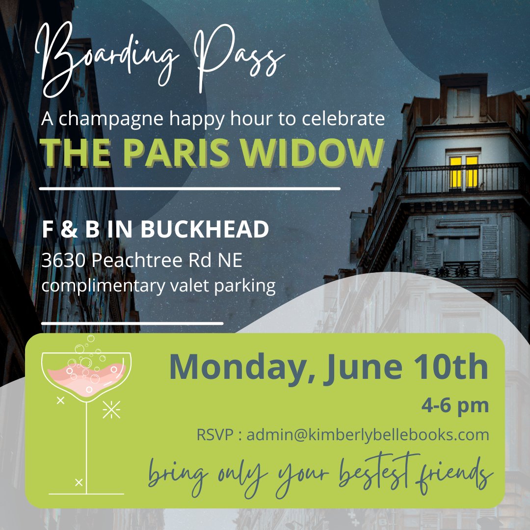 Bonjour!

Grab your Besties and please join us for this fun and French book launch event for THE PARIS WIDOW by USA Today Bestselling Author Kimberly Belle. 

Bubbles, bites and books for sale and signing. Complimentary valet parking. Hope to see you here TODAY, 4pm-6pm!