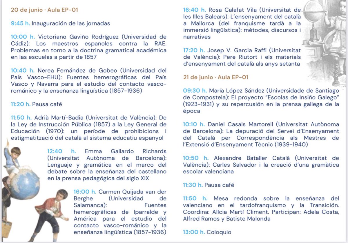 Jornadas “De casa a la escuela y de la escuela a casa: las lenguas y su enseñanza en la España plurilingüe (de la ley Moyano a las leyes de normalización  lingüística)", @FacMagisteri 20 y 21 de junio. 
Es posible la asistencia online escribiendo a garfolma@uv.es
<a href="/linpeprensa2/">LinPePrensa 2</a>
