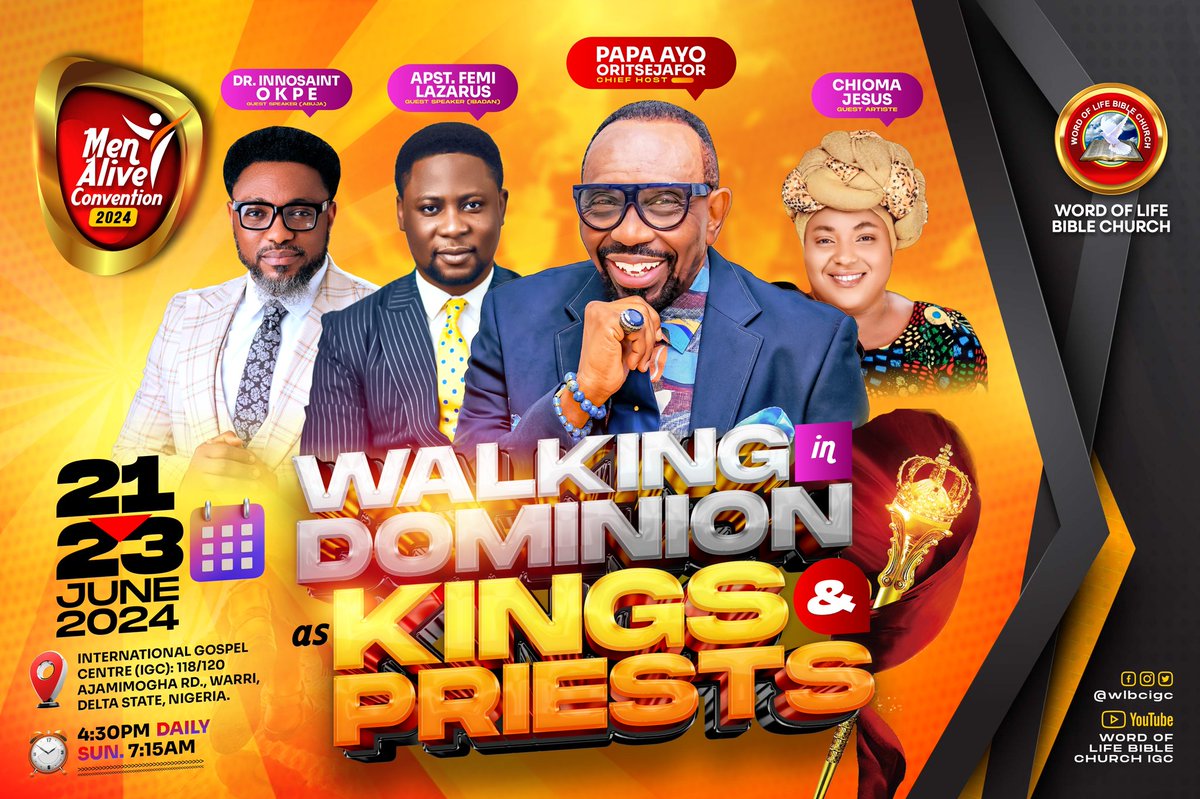 Join us for our Men's Convention!

We're excited to invite you to this extraordinary encounter, taking place from June 21-23 at the International Gospel Centre in Warri.

With special guests Innosaint Okpe &amp; Femi Lazarus

Don't miss out!

#MenAliveConvention
#Dominion
#WLBCIGC