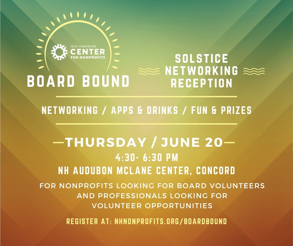 Join the <a href="/nhnonprofits/">NH Center for #NPs</a> for Board Bound: a networking reception for nonprofits looking for Board Members and individuals looking for board member opportunities! nhnonprofits.org/events/board-b…