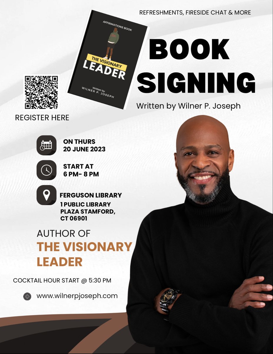 ✨Stamford Events ✨ On Thursday, June 20th from 6-8 pm, there will be a book signing for Wilner P. Joseph's new book "A Visionary Leader" at the Stamford Ferguson Library 1 Public Library Plaza, Stamford, CT 06901 on the 3rd floor. To register, visit: loom.ly/SrSNJZE