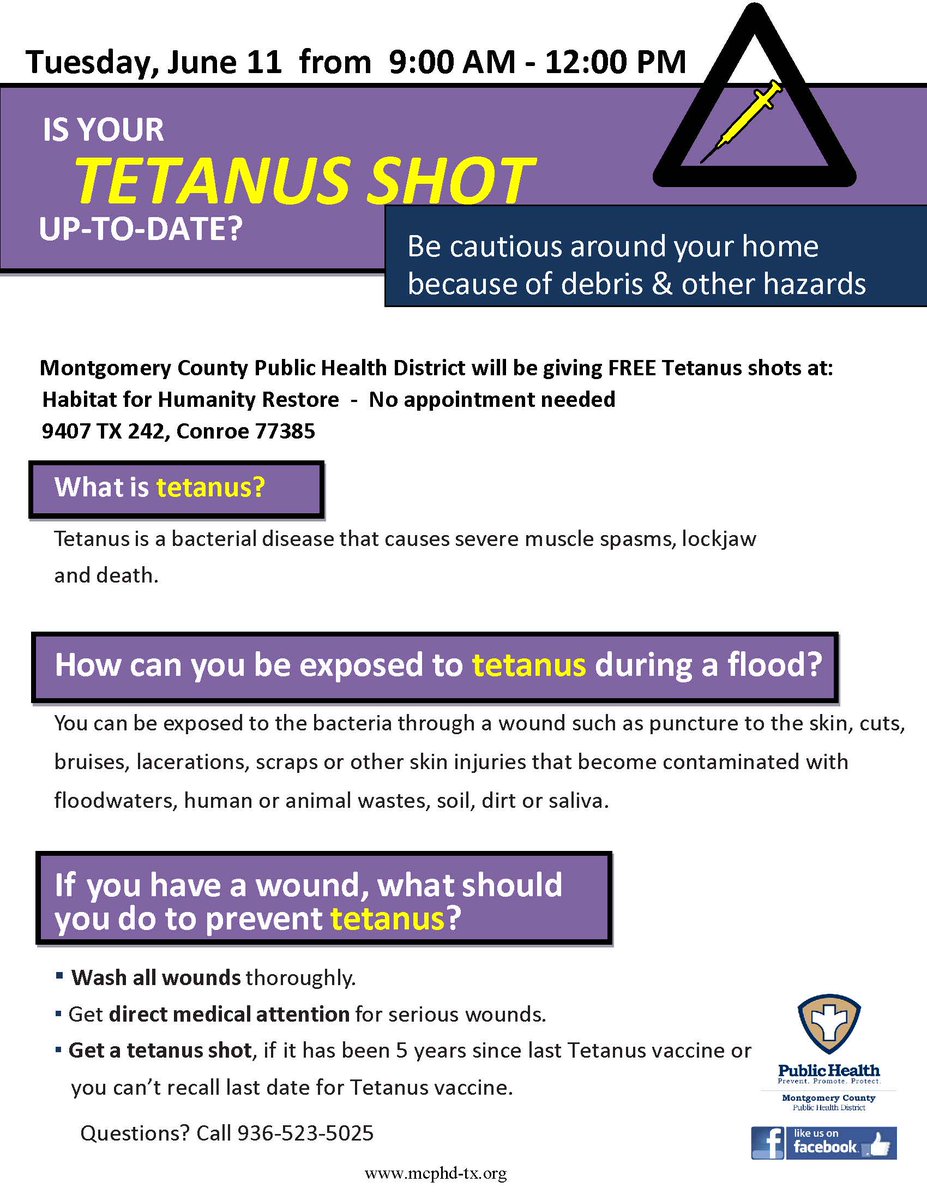 HabitatMCTX's tweet photo. 🚨 Are you up to date on your Tetanus Shot? 🚨

Get a FREE Tetanus shot at Habitat for Humanity MCTX Restore!

📍 9407 TX 242, Conroe, TX 77385
📅 Tuesday, June 11
⏰ 9:00 AM - 12:00 PM

No appointment needed! 📝💉

#HabitatMCTX #TetanusShot https://t.co/9nshQIdRcq