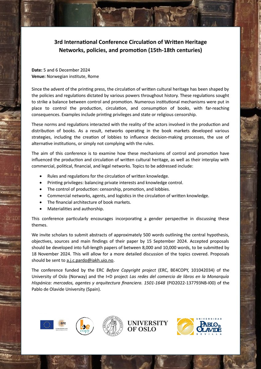 BE4COPY's tweet photo. *CALL FOR PAPERS* Join us in Rome, on December 5 and 6, for the 3rd international conference: "Circulation of Written Heritage: Networks, policies, and promotion (15th-18th centuries)". Proposals must be submitted by 15 September.  #BookHistory #History https://t.co/lVUMd623hA