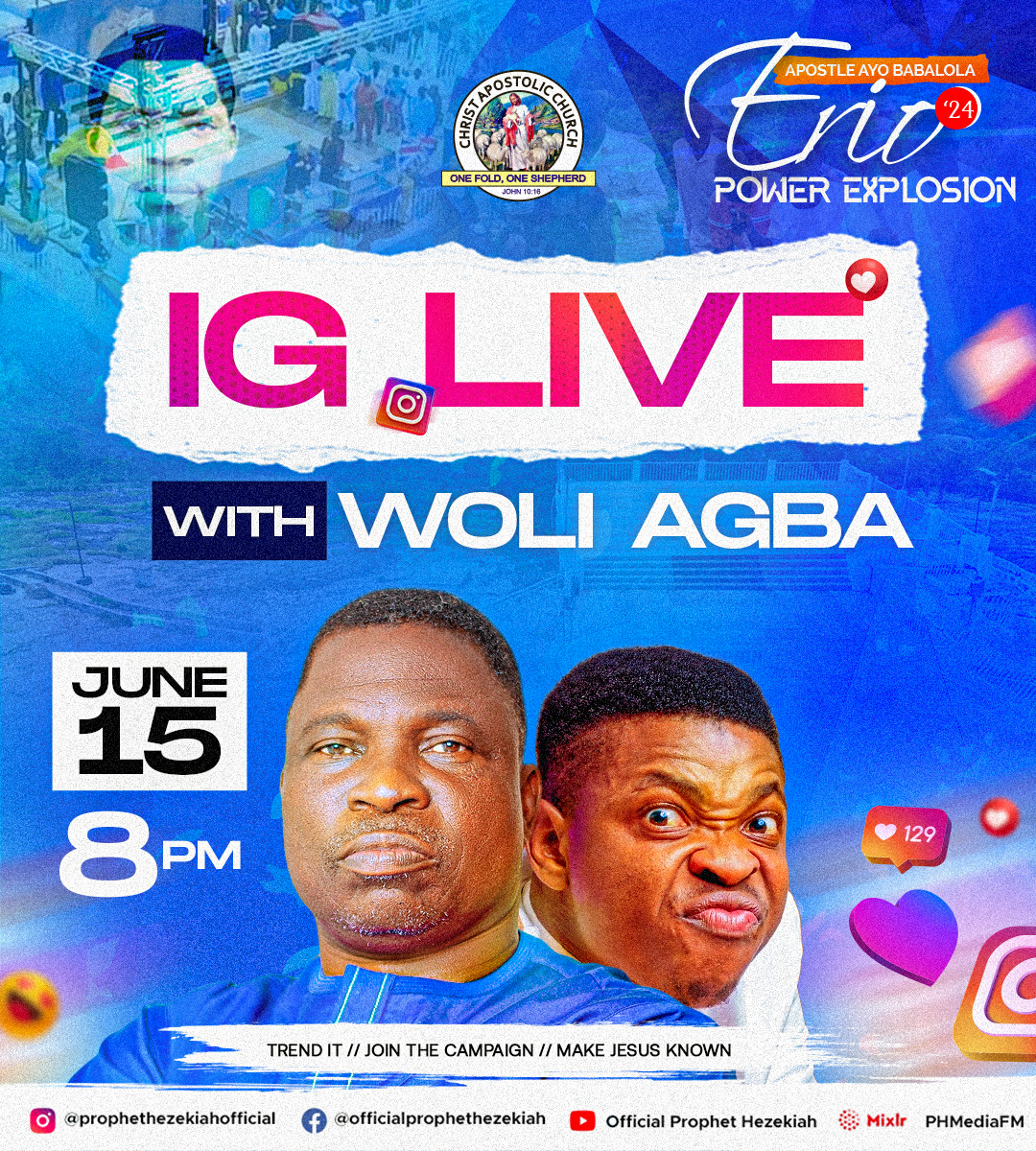 Prophet Hezekiah Oladeji will be live on Instagram to share deep revelations about the Apostle Ayo Babalola Power Explosion, Erio, with @woliagba_ayoajewole and the Instagram community at large.

Are you ready for this special encounter?

#erio
#ErioMountain 
#apostleayobabalola