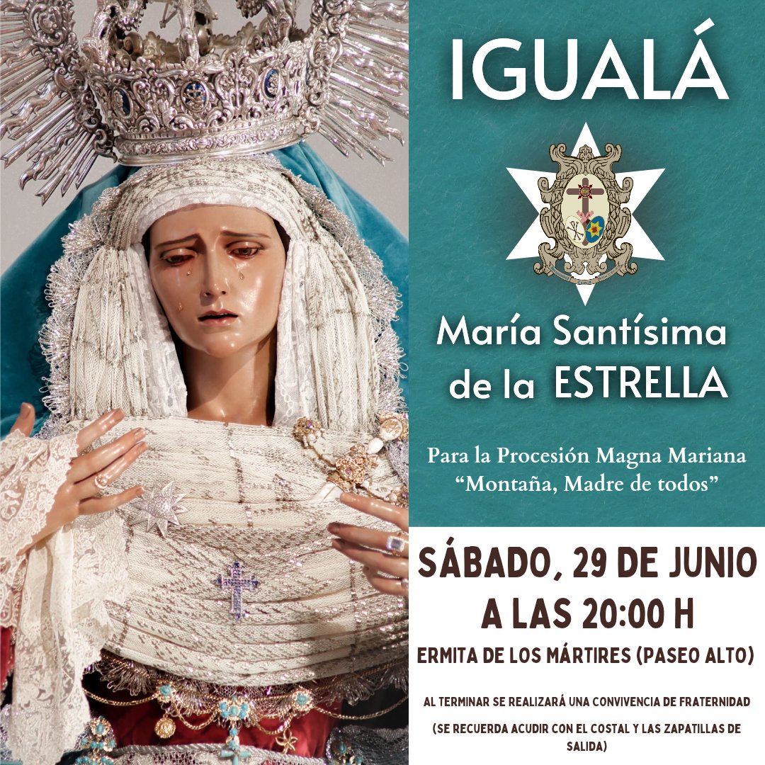 IGUALÁ | María Santísima de la Estrella ⭐️

Sábado 29 de junio a las 20:00 horas en la Ermita de los Mártires (Paseo Alto)

#JuntosHacemosHermandad #YosoydeSaludyEstrella 💜⭐️