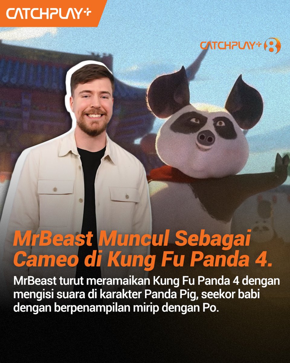 catchplayplusID's tweet photo. Ternyata, MrBeast turut meramaikan Kung Fu Panda 4 dengan mengisi suara di karakter Panda Pig, seekor babi dengan penampilan mirip dengan Po!
#KungFuPanda4 #MrBeast #CATCHPLAYPLUS #Movie #KungFuPanda #Po #DreamWorks https://t.co/vf5m1QRqfH