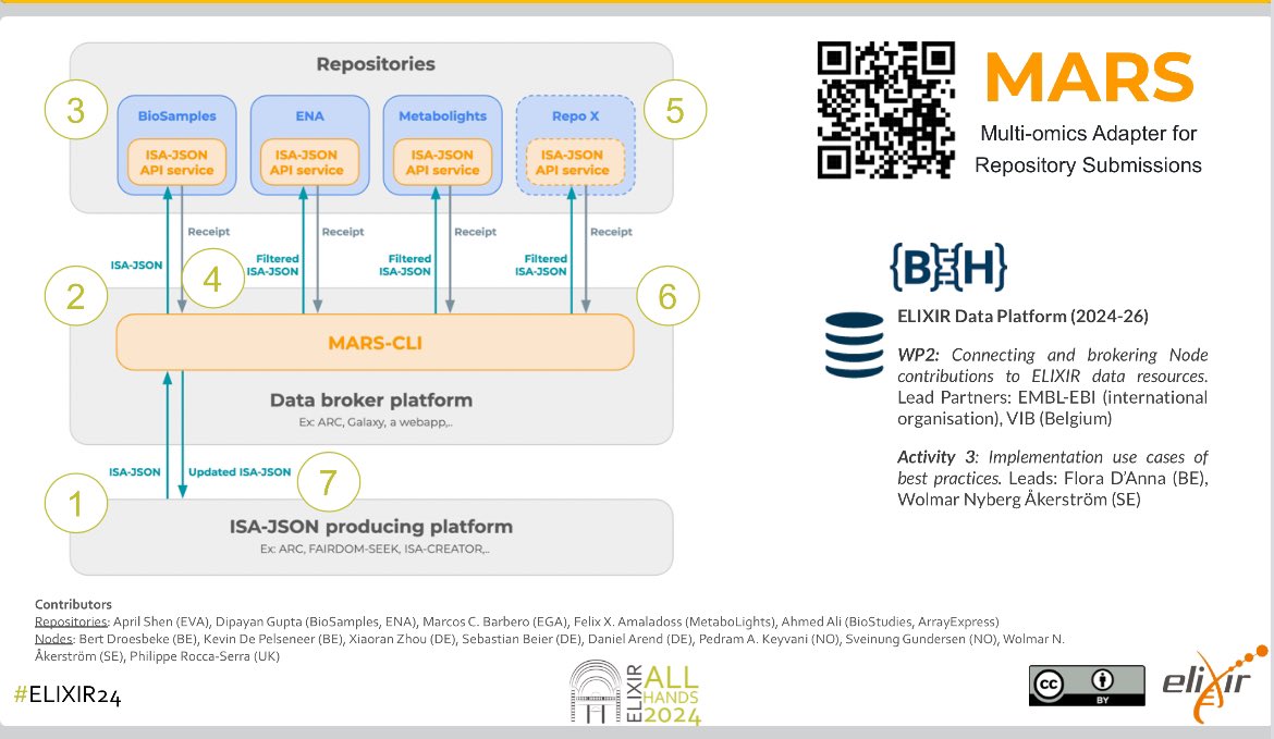 SusannaASansone's tweet image. This #Biohackathon2024 “MARS multiomics brokering project” with @isatools and many #ISAJSON producing tools and platforms gets also highlighted by Flora D’Anna @ELIXIRnodeBE in the #ELIXIRDataPlatform session at #ELIXIR24