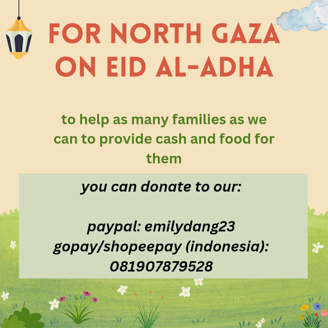 readers4freedom's tweet image. ‼️ URGENT FUNDRAISER FOR NORTH GAZA ON EID AL ADHA ‼️

we are helping our friend @Saifelhendi to raise $1500 to provide cash and food for families in North Gaza on eid al-adha!

paypal: paypal.me/emilydang23
gopay/spay (Indonesia): 081907879528
