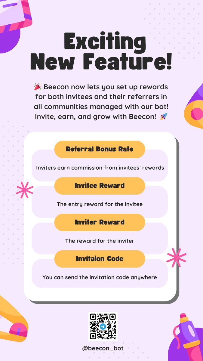 OwlyFi's tweet photo. 🎉 Exciting Update for Community Admins! 🎉

Beecon now lets you set up rewards for both invitees and their referrers in all communities managed with our bot! 🚀✨ Plus, enjoy ongoing commission rewards.

Check out the image below for all the details! 👇

#Beecon #TON #Telegram https://t.co/sYBblzVU1k